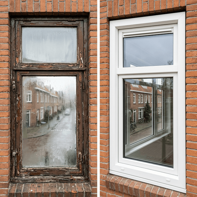 Voor en na: oude houten kozijnen vervangen door nieuwe PVC kozijnen met triple glas